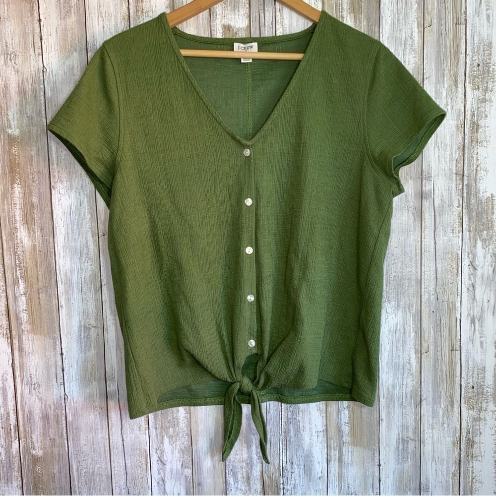 J.Crew Green Tie Front Button Front Top V Neck Casual Size L - Picture 2 of 6